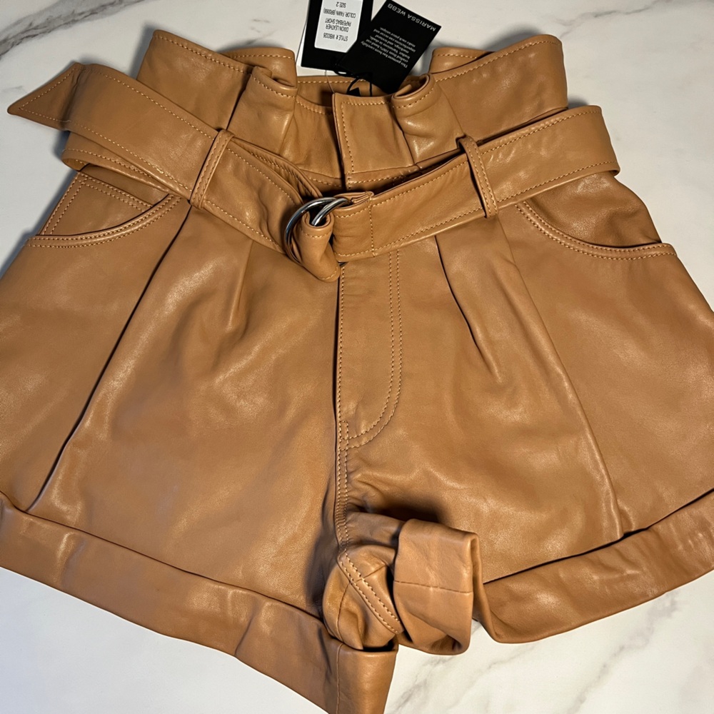Marisa Webb cognac leather paper bag shorts